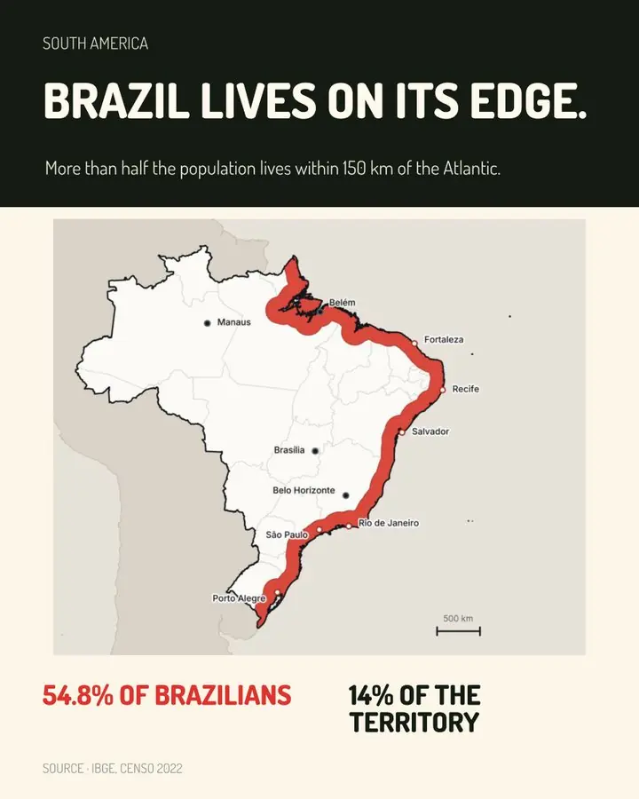 Carousel cover: Brazil lives on its edge, a map of the coastal band where 54.8% of Brazilians live